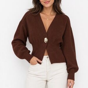 Stile by Per Lei Brown Ribbed Cardigan Statement Button Sweater L
